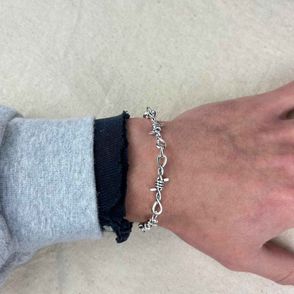 Vintage style stainless steel silver barbed wire chain bracelet grunge punk